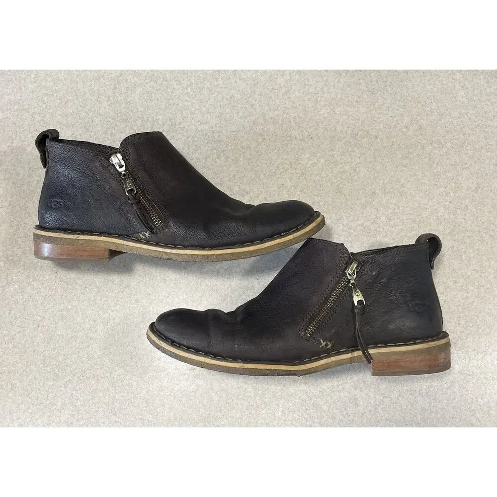 UGG Clementine Side Zip Ankle Boots Size 8 Brown Leather Booties Sherpa Insole